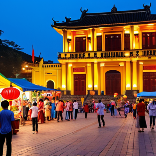 Home 11 **
Vibrant, bustling public square in Hanoi at dusk. People of all ages are enjoying themselves: children playing, couples strolling, and vendors selling street food. Traditional Vietnamese architecture surrounds the square, with colorful lanterns illuminating the scene. Capture the lively atmosphere and sense of community.
**