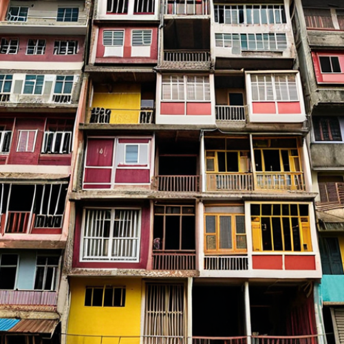 Home 6 A vibrant, diverse community displaced by modern high-rise buildings, showing a contrast between traditional Vietnamese homes and modern development. Focus on the human element and emotional impact of displacement.