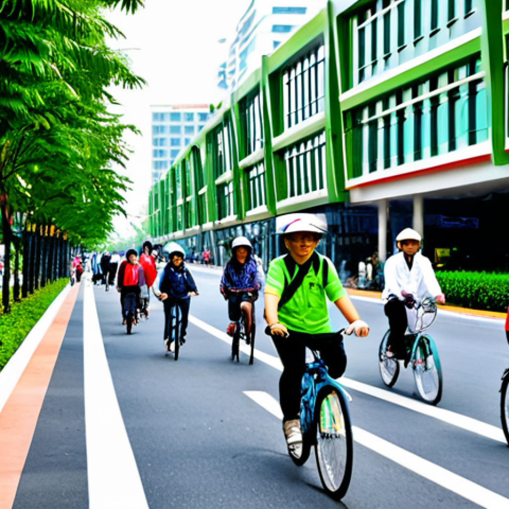 A vibrant and modern urban scene in a Vietnamese city, where human-centric design is evident. Diverse, fully clothed people of various ages are comfortably walking on wide, tree-lined pedestrian sidewalks and cycling in dedicated, safe bicycle lanes. Lush green vertical gardens adorn contemporary buildings in the background, creating a refreshing urban oasis. The atmosphere is bustling yet orderly, reflecting a strong sense of community and well-being. People are engaged in everyday activities, dressed in modest and appropriate attire. Bright, natural sunlight illuminates the clean streets and well-maintained public spaces. The image should depict perfect anatomy, correct proportions, and natural poses for all subjects, with well-formed hands and proper finger count, ensuring natural body proportions. This is safe for work, appropriate content, fully clothed, and family-friendly.