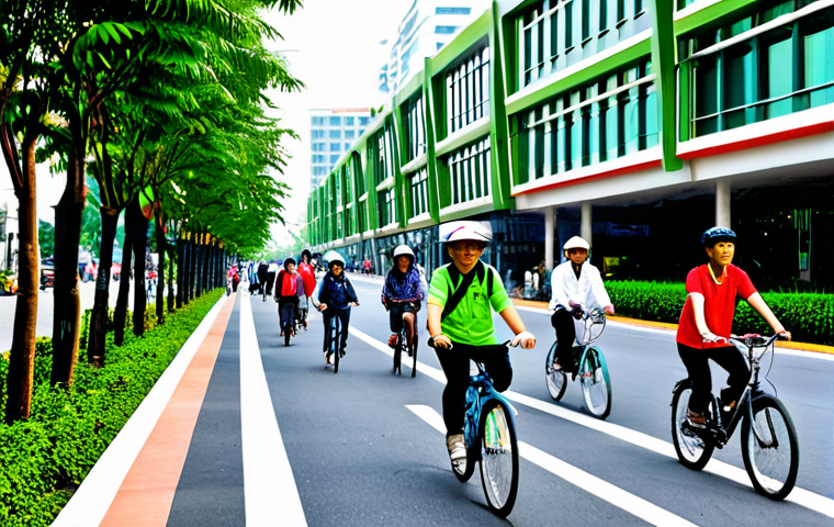 A vibrant and modern urban scene in a Vietnamese city, where human-centric design is evident. Diverse, fully clothed people of various ages are comfortably walking on wide, tree-lined pedestrian sidewalks and cycling in dedicated, safe bicycle lanes. Lush green vertical gardens adorn contemporary buildings in the background, creating a refreshing urban oasis. The atmosphere is bustling yet orderly, reflecting a strong sense of community and well-being. People are engaged in everyday activities, dressed in modest and appropriate attire. Bright, natural sunlight illuminates the clean streets and well-maintained public spaces. The image should depict perfect anatomy, correct proportions, and natural poses for all subjects, with well-formed hands and proper finger count, ensuring natural body proportions. This is safe for work, appropriate content, fully clothed, and family-friendly.
