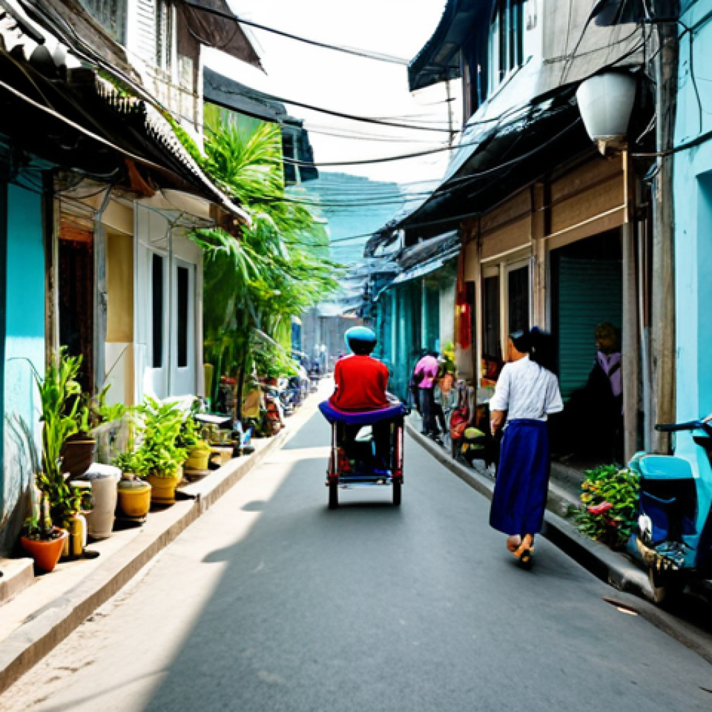 A vibrant scene depicting daily life in a narrow, winding alley in a Vietnamese city. People are fully clothed in modest, everyday attire, appropriate for a tropical climate. Neighbors are observed in natural poses, chatting near their doorways. Children are playing safely in a designated small area. A food vendor with a pushcart offers local delicacies, adding to the bustling atmosphere. Lush potted plants line the alley. Natural light filters through the gaps between traditional tube houses. Professional urban photography, natural lighting, sharp focus, perfect anatomy, correct proportions, well-formed hands, proper finger count, natural body proportions, safe for work, appropriate content, fully clothed, family-friendly.
