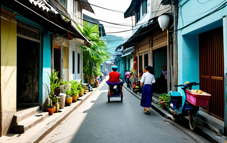 A vibrant scene depicting daily life in a narrow, winding alley in a Vietnamese city. People are fully clothed in modest, everyday attire, appropriate for a tropical climate. Neighbors are observed in natural poses, chatting near their doorways. Children are playing safely in a designated small area. A food vendor with a pushcart offers local delicacies, adding to the bustling atmosphere. Lush potted plants line the alley. Natural light filters through the gaps between traditional tube houses. Professional urban photography, natural lighting, sharp focus, perfect anatomy, correct proportions, well-formed hands, proper finger count, natural body proportions, safe for work, appropriate content, fully clothed, family-friendly.