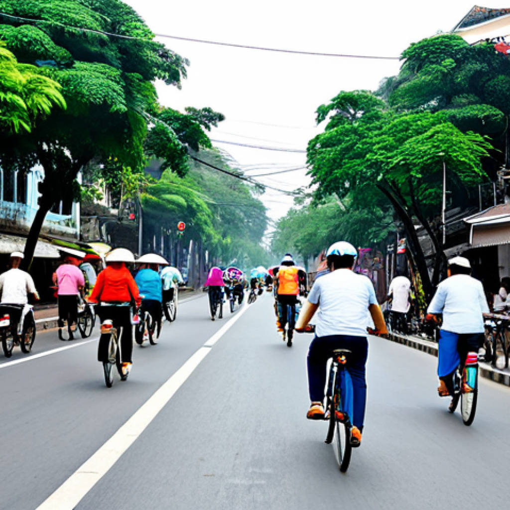 Human-Scale Hanoi Street**
"A vibrant street scene in Hanoi, Vietnam, designed for pedestrians and cyclists. Wide sidewalks lined with lush trees and street vendors selling local delicacies. Cyclists ride along dedicated bike lanes, and people stroll leisurely. Traditional Vietnamese architecture blends with modern shops and cafes. Focus on human interaction and a bustling, safe, and family-friendly atmosphere. Safe for work, appropriate content, fully clothed, modest clothing, perfect anatomy, natural proportions, high quality."
**