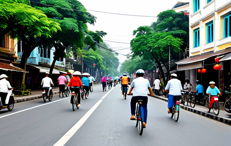 Human-Scale Hanoi Street**
"A vibrant street scene in Hanoi, Vietnam, designed for pedestrians and cyclists. Wide sidewalks lined with lush trees and street vendors selling local delicacies. Cyclists ride along dedicated bike lanes, and people stroll leisurely. Traditional Vietnamese architecture blends with modern shops and cafes. Focus on human interaction and a bustling, safe, and family-friendly atmosphere. Safe for work, appropriate content, fully clothed, modest clothing, perfect anatomy, natural proportions, high quality."
**