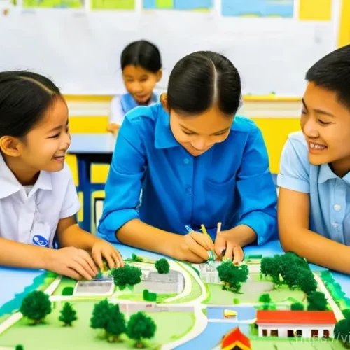 Home 31 휴먼스케일 도시계획을 위한 교육적 접근 - **Image Prompt 1: "The Future Architects of Vietnam"**
A vibrant and brightly lit classroom scen...