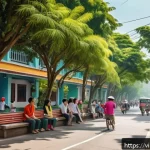 Home 17 휴먼스케일 도시계획의 지역적 특성 반영 - A vibrant Vietnamese urban street scene designed with human scale principles, featuring wide, shaded...