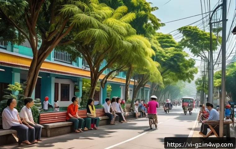 휴먼스케일 도시계획의 지역적 특성 반영 - A vibrant Vietnamese urban street scene designed with human scale principles, featuring wide, shaded...