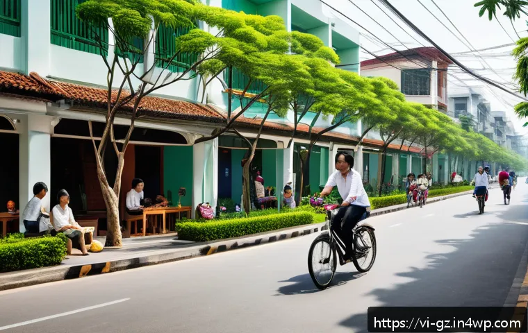 휴먼스케일 도시계획의 법적 프레임워크 - A vibrant urban street scene in a modern Vietnamese city designed with Human Scale principles: wide,...