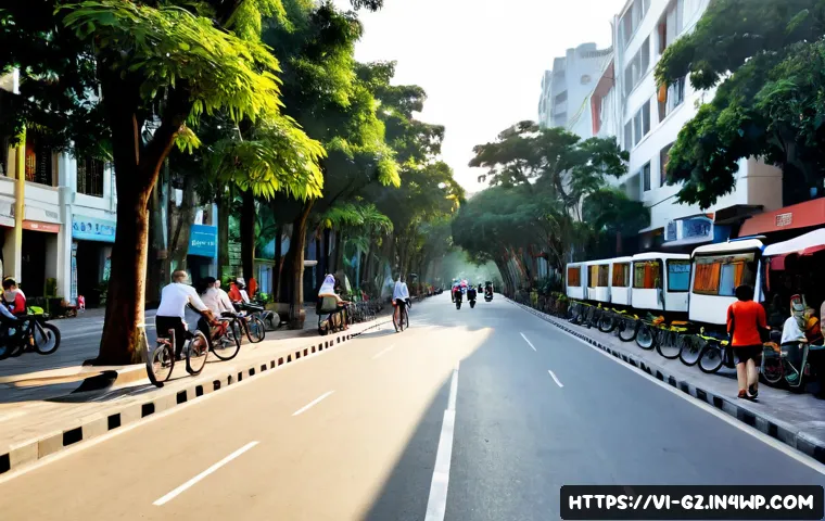 Home 17 휴먼스케일 도시계획의 글로벌 사례 - Photorealistic human-scale urban street in Hanoi, Vietnam, wide shaded sidewalks with mature trees, ...
